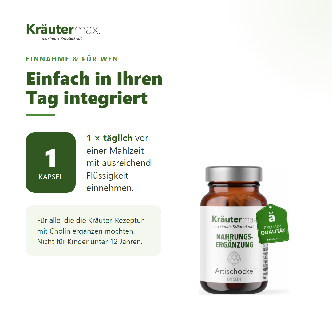 Artischocken Kapseln plus Mariendistel – Einnahme: 1 mal täglich 1 Kapsel vor einer Mahlzeit