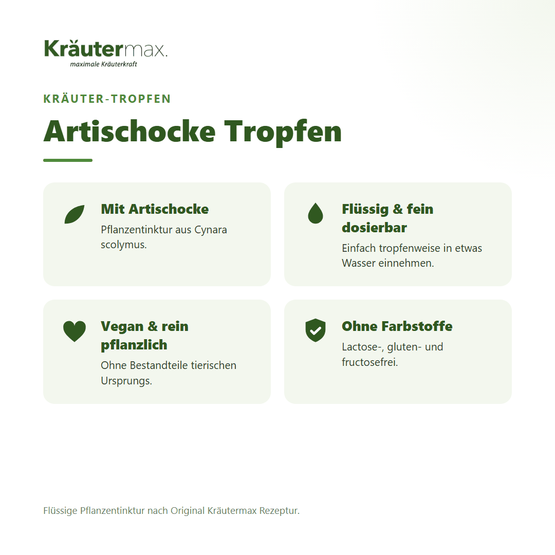 Artischocke Tropfen von Kräutermax – Überblick: flüssige Pflanzentinktur, vegan