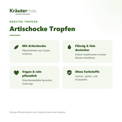 Artischocke Tropfen von Kräutermax – Überblick: flüssige Pflanzentinktur, vegan