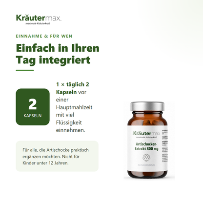 Artischockenextrakt Kapseln – Einnahme: 1 mal täglich 2 Kapseln vor einer Hauptmahlzeit