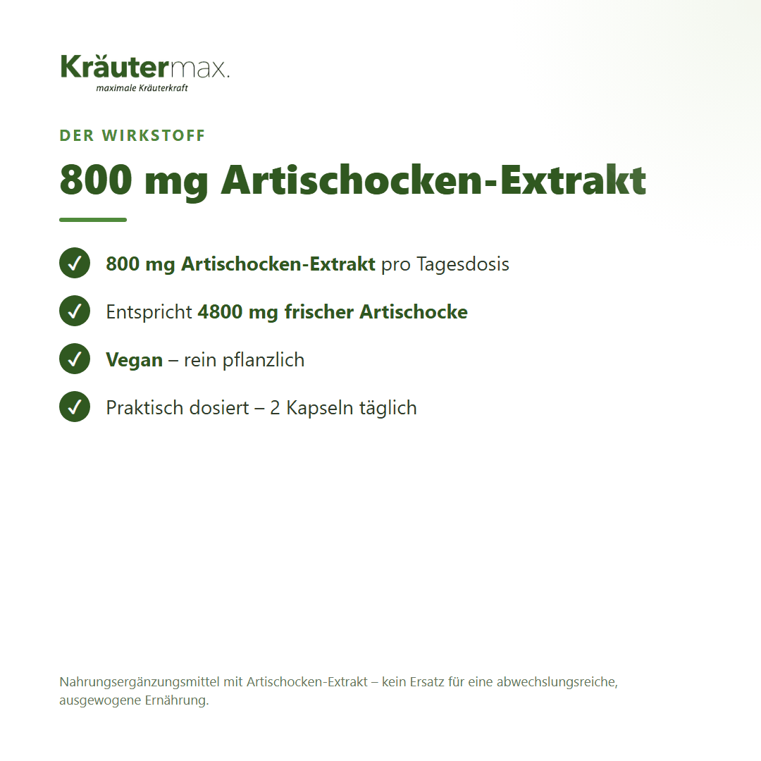 Artischockenextrakt Kapseln – 800 mg Extrakt (entspricht 4800 mg frischer Artischocke), vegan