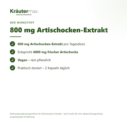 Artischockenextrakt Kapseln – 800 mg Extrakt (entspricht 4800 mg frischer Artischocke), vegan