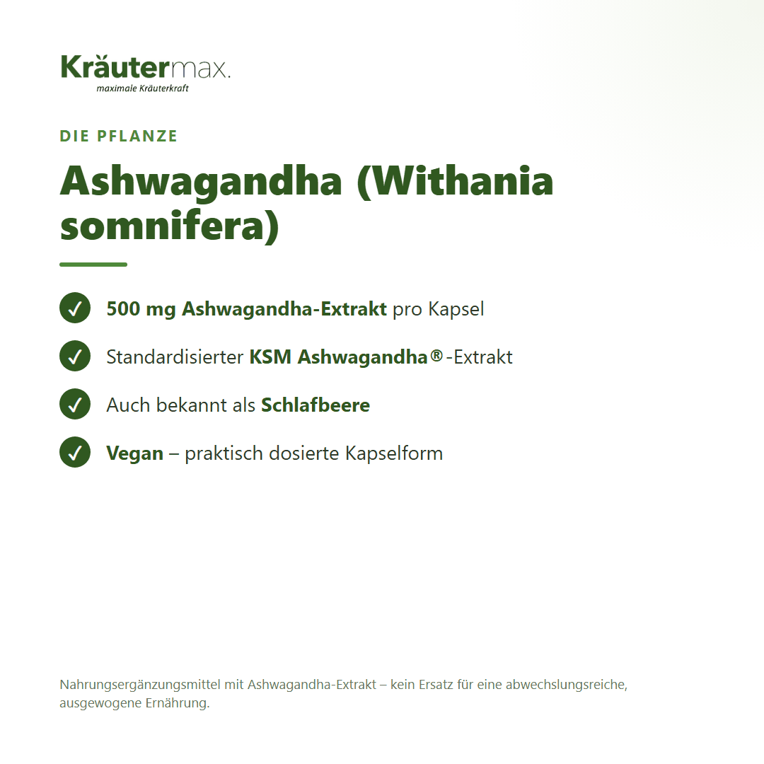 Ashwagandha Kapseln – mit 500 mg KSM Ashwagandha-Extrakt (Withania somnifera), vegan