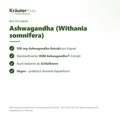 Ashwagandha Kapseln – mit 500 mg KSM Ashwagandha-Extrakt (Withania somnifera), vegan