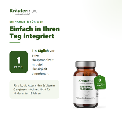 Astaxanthin Kapseln mit Vitamin C – Einnahme: 1 Kapsel täglich vor einer Hauptmahlzeit | Kräutermax