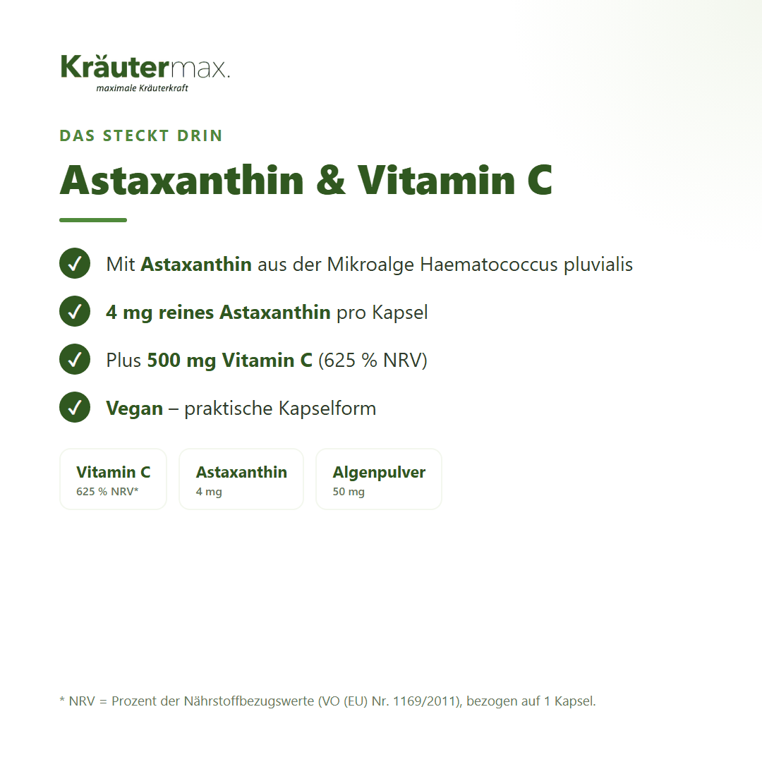 Astaxanthin Kapseln mit Vitamin C – Inhaltsstoffe: 4 mg Astaxanthin aus Mikroalge und 500 mg Vitamin C (625 % NRV) | Kräutermax