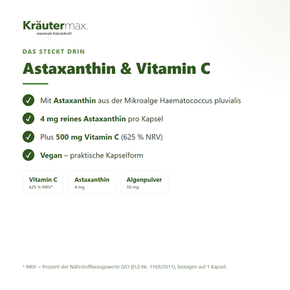 Astaxanthin Kapseln mit Vitamin C – Inhaltsstoffe: 4 mg Astaxanthin aus Mikroalge und 500 mg Vitamin C (625 % NRV) | Kräutermax