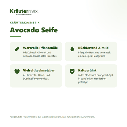 Avocado Seife von Kräutermax – Überblick: kaltgerührte Pflanzenölseife mit Kokos-, Oliven- und Avocadoöl, 100 g