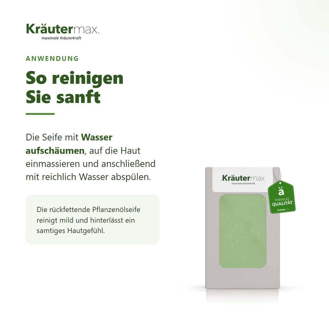 Avocado Seife – Anwendung: mit Wasser aufschäumen, einmassieren und abspülen