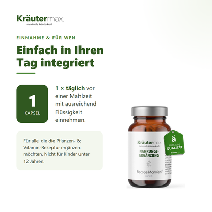 Bacopa Monnieri Extrakt Kapseln – Einnahme: 1 Kapsel täglich vor einer Mahlzeit | Kräutermax