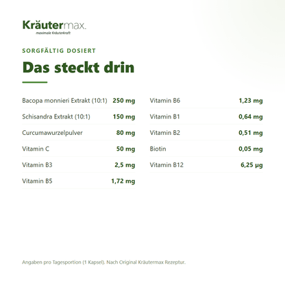 Bacopa Monnieri Extrakt Kapseln – Inhaltsstoffe: 250 mg Bacopa, 150 mg Schisandra, 80 mg Curcuma plus Vitamin C und B-Vitamine | Kräutermax