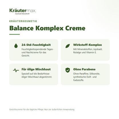 Balance Komplex Gesichtscreme von Kräutermax – Überblick: 24h Feuchtigkeitspflege für ölige Mischhaut, 60 ml