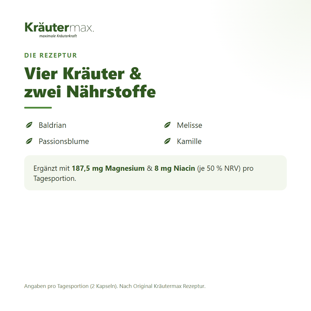 Baldrian plus Kapseln – Rezeptur mit Baldrian, Melisse, Passionsblume und Kamille plus 187,5 mg Magnesium und 8 mg Niacin | Kräutermax