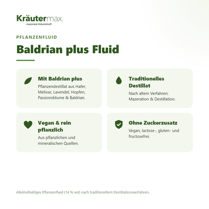 Baldrian plus Fluid von Kräutermax – Überblick: traditionelles Pflanzendestillat, vegan