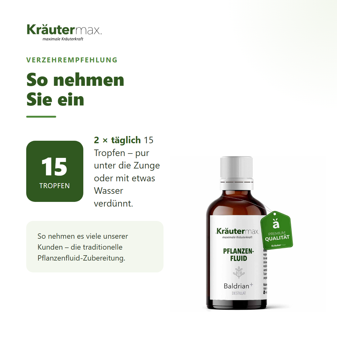 Baldrian plus Fluid – Verzehrempfehlung: 2 x täglich 15 Tropfen pur oder mit Wasser verdünnt