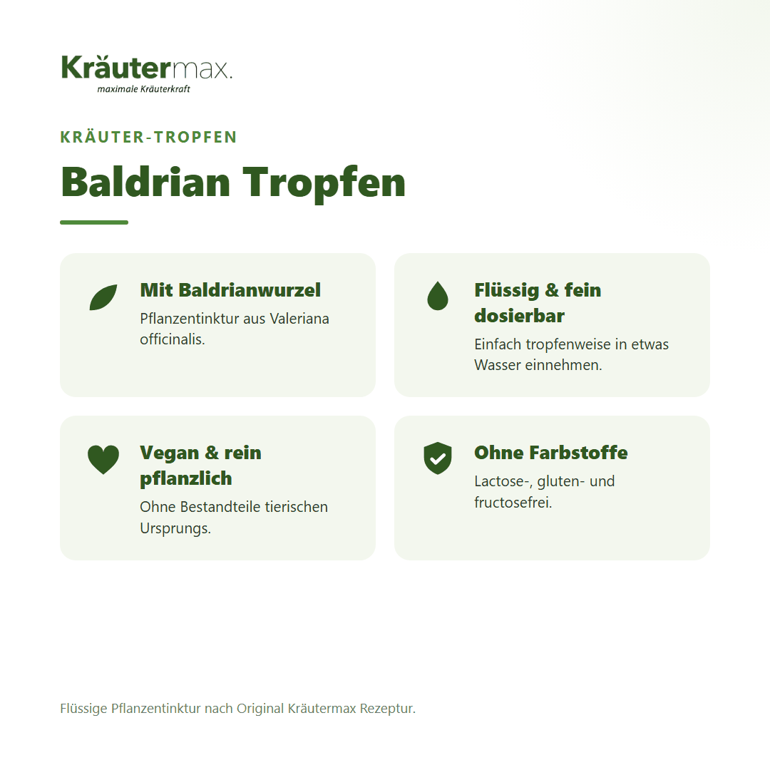Baldrian Tropfen von Kräutermax – Überblick: flüssige Pflanzentinktur, vegan
