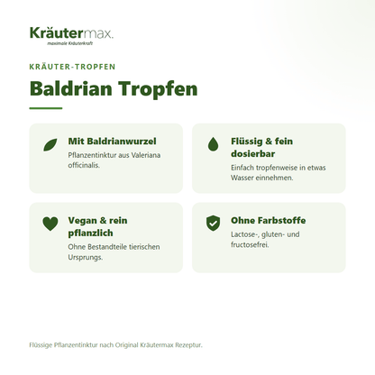 Baldrian Tropfen von Kräutermax – Überblick: flüssige Pflanzentinktur, vegan