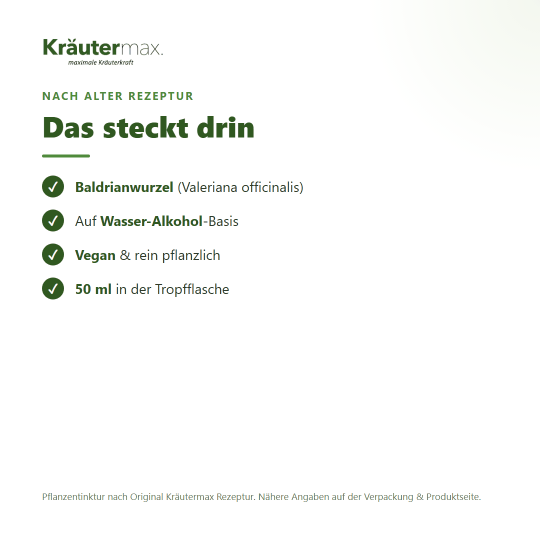 Baldrian Tropfen – Inhaltsstoffe: Baldrianwurzel (Valeriana officinalis), 50 ml Tropfflasche