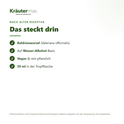 Baldrian Tropfen – Inhaltsstoffe: Baldrianwurzel (Valeriana officinalis), 50 ml Tropfflasche