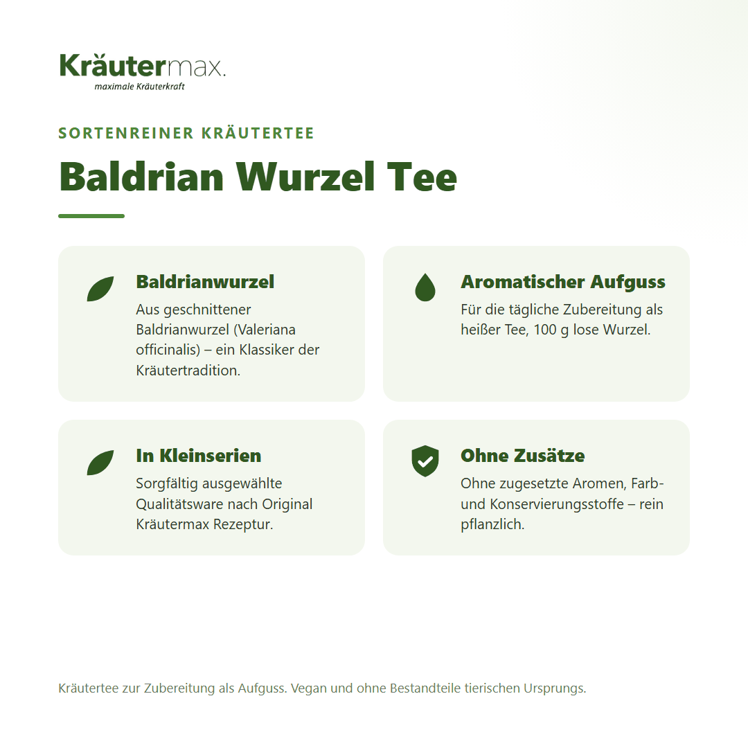 Baldrian Wurzel Tee von Kräutermax – sortenreiner Kräutertee aus geschnittener Baldrianwurzel (Valeriana officinalis), 100 g