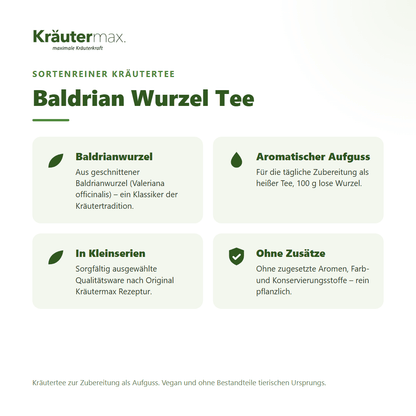 Baldrian Wurzel Tee von Kräutermax – sortenreiner Kräutertee aus geschnittener Baldrianwurzel (Valeriana officinalis), 100 g