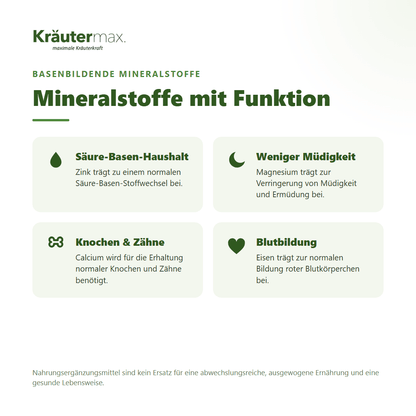 Basen Kapseln – basenbildende Mineralstoffe für Säure-Basen-Haushalt, weniger Müdigkeit, Knochen und Blutbildung | Kräutermax