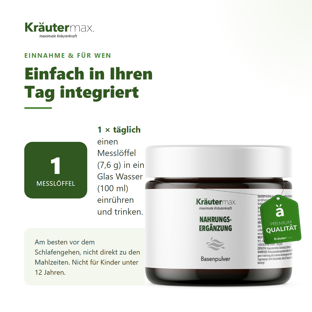 Basen Pulver – Einnahme: 1 Messlöffel (7,6 g) täglich in ein Glas Wasser einrühren | Kräutermax