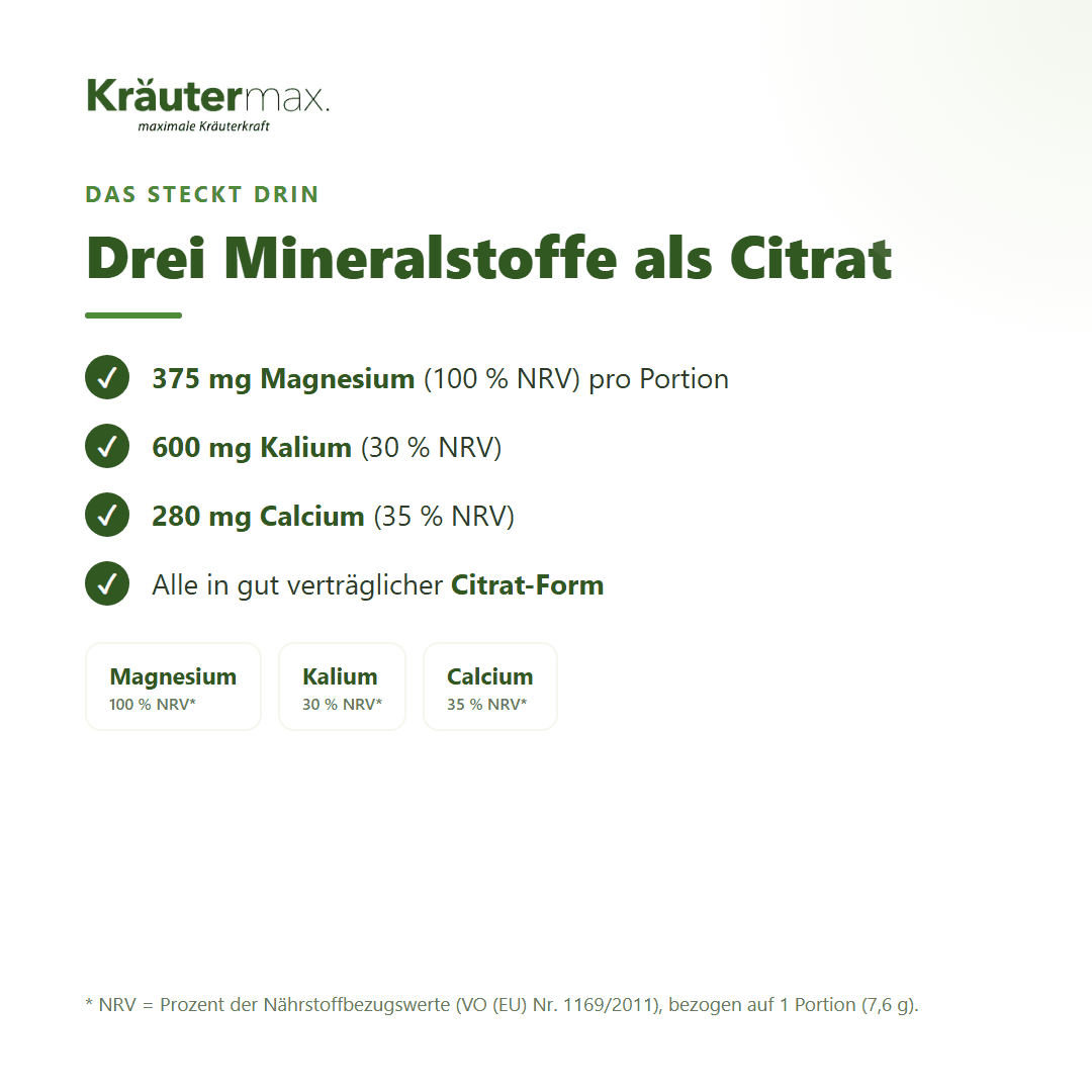 Basen Pulver – 375 mg Magnesium, 600 mg Kalium und 280 mg Calcium in gut verträglicher Citrat-Form pro Portion | Kräutermax
