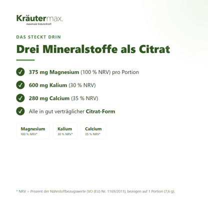 Basen Pulver – 375 mg Magnesium, 600 mg Kalium und 280 mg Calcium in gut verträglicher Citrat-Form pro Portion | Kräutermax