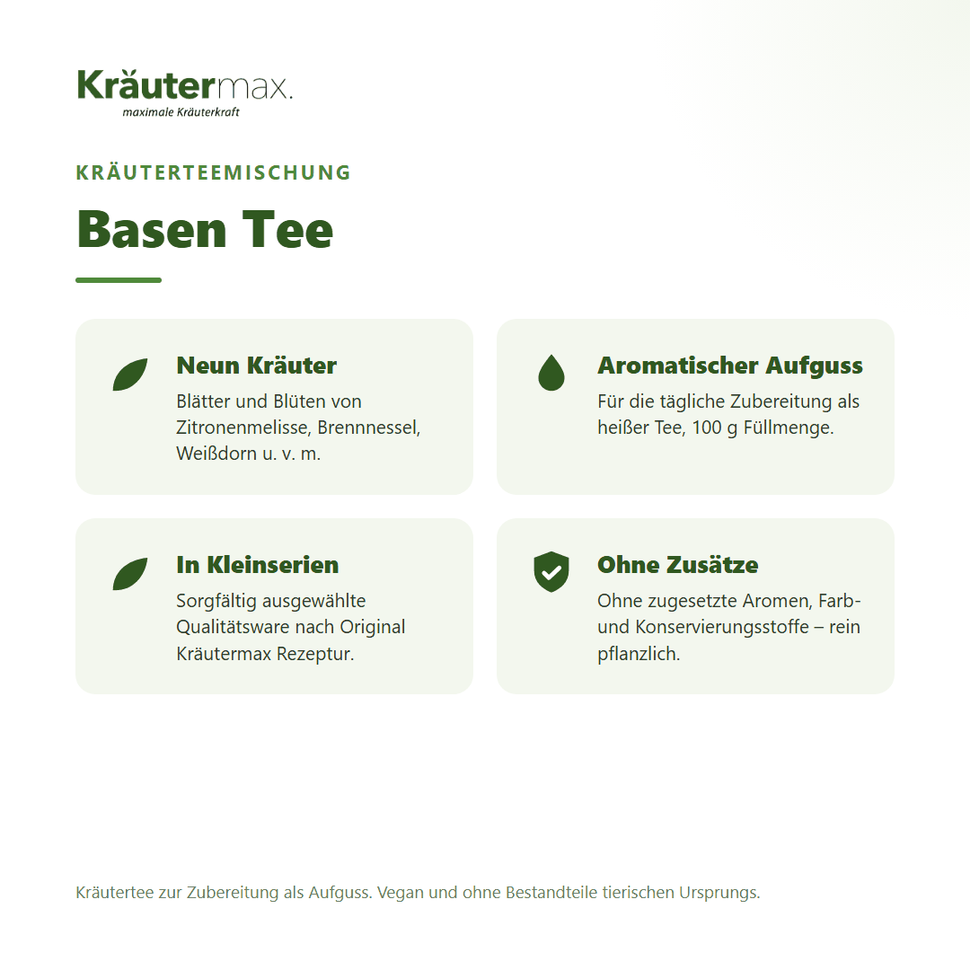 Basen Tee von Kräutermax – Kräuterteemischung aus Zitronenmelisse, Brennnessel, Weißdorn und weiteren Kräutern, 100 g