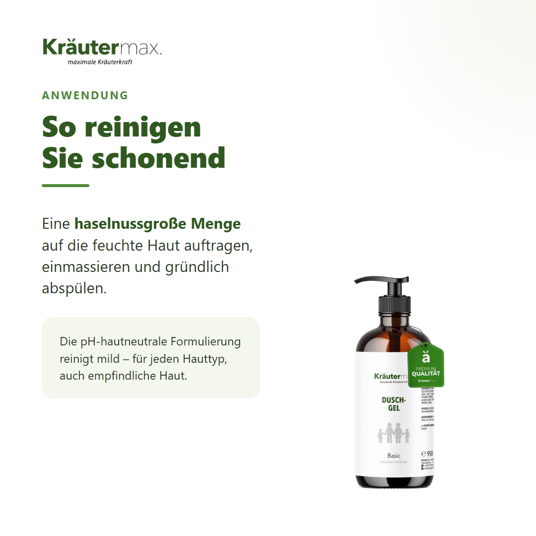 Basic Duschgel pH neutral – Anwendung: haselnussgroße Menge auf feuchte Haut, einmassieren, abspülen
