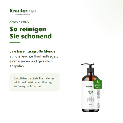 Basic Duschgel pH neutral – Anwendung: haselnussgroße Menge auf feuchte Haut, einmassieren, abspülen