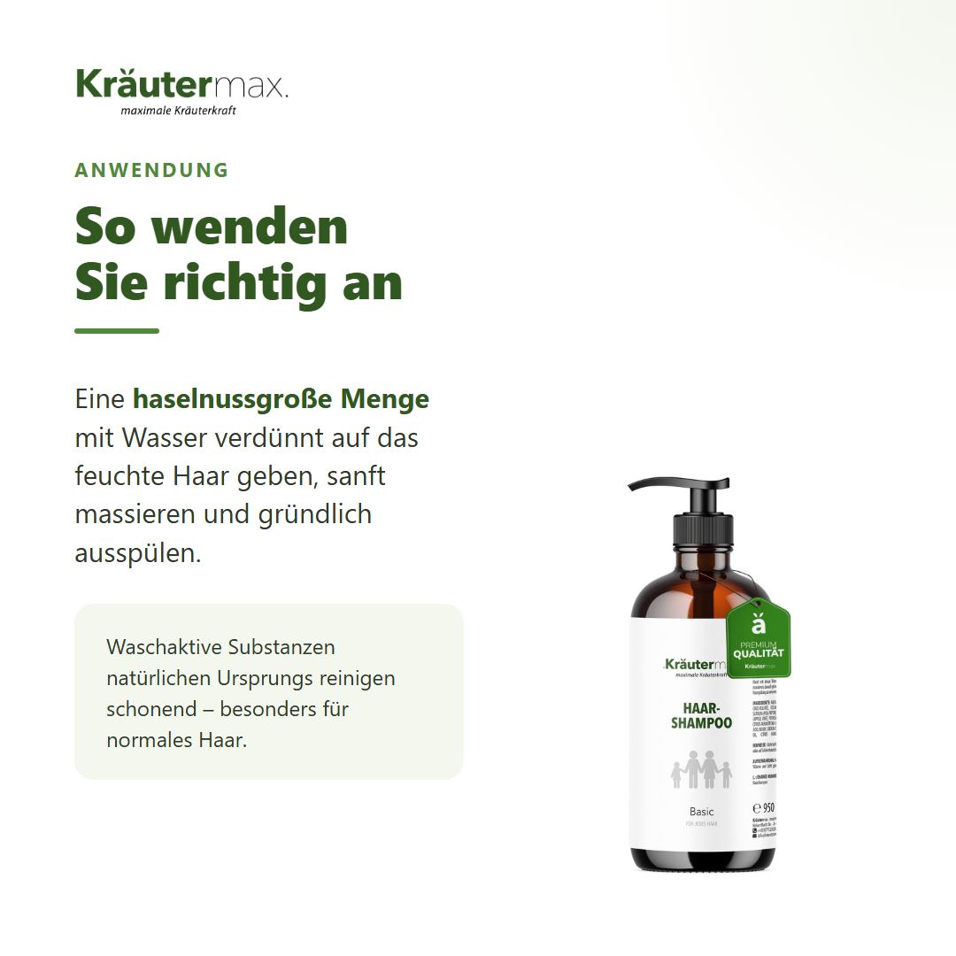 Basic Shampoo pH neutral – Anwendung: haselnussgroße Menge auf feuchtes Haar, massieren, ausspülen