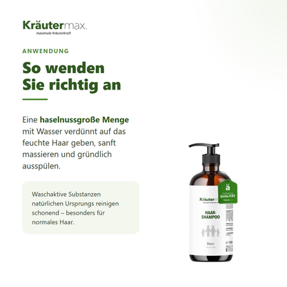 Basic Shampoo pH neutral – Anwendung: haselnussgroße Menge auf feuchtes Haar, massieren, ausspülen