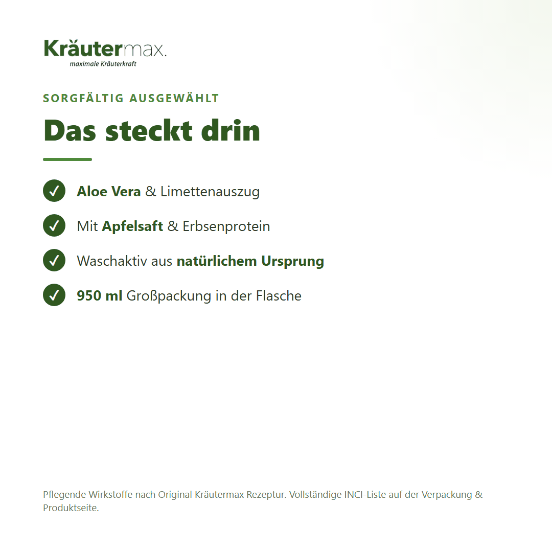 Basic Shampoo pH neutral – Inhaltsstoffe: Aloe Vera, Limettenauszug, Apfelsaft, Erbsenprotein, 950 ml Flasche