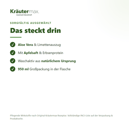 Basic Shampoo pH neutral – Inhaltsstoffe: Aloe Vera, Limettenauszug, Apfelsaft, Erbsenprotein, 950 ml Flasche