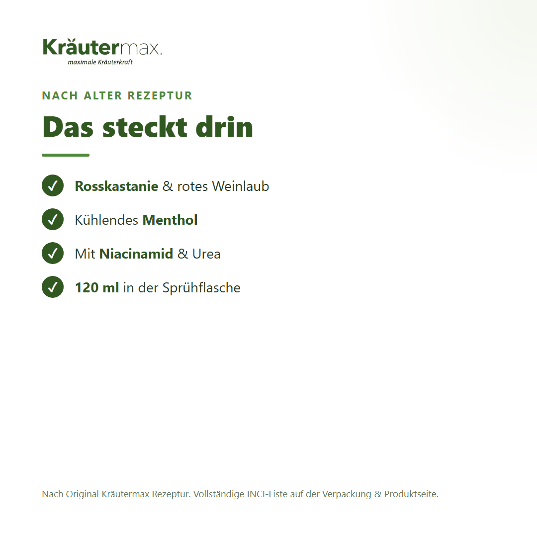 Beinspray Rosskastanie – Inhaltsstoffe nach Original Kräutermax Rezeptur