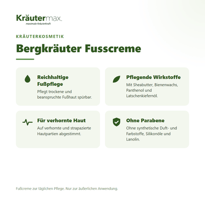 Bergkräuter Fusscreme von Kräutermax – Überblick: reichhaltige Pflege für trockene und beanspruchte Fußhaut, 100 ml