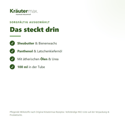 Bergkräuter Fusscreme – Inhaltsstoffe: Sheabutter, Bienenwachs, Panthenol, Latschenkiefernöl, 100 ml Tube