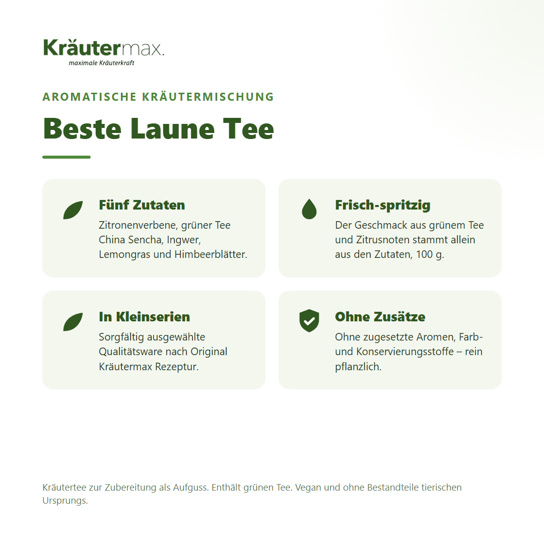 Beste Laune Tee von Kräutermax – aromatische Kräutermischung mit Zitronenverbene, grünem Tee, Ingwer, Lemongras und Himbeerblättern, 100 g