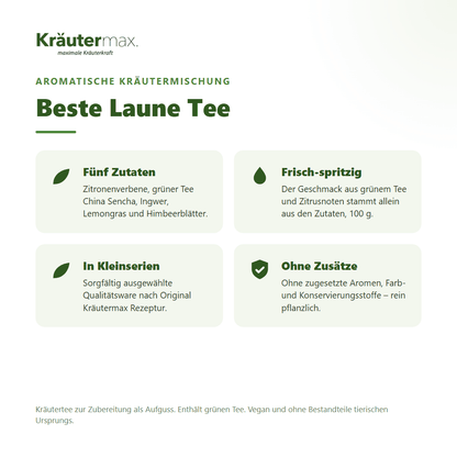 Beste Laune Tee von Kräutermax – aromatische Kräutermischung mit Zitronenverbene, grünem Tee, Ingwer, Lemongras und Himbeerblättern, 100 g