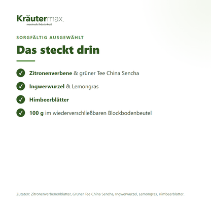 Zutaten des Beste Laune Tees: Zitronenverbene, grüner Tee China Sencha, Ingwerwurzel, Lemongras, Himbeerblätter