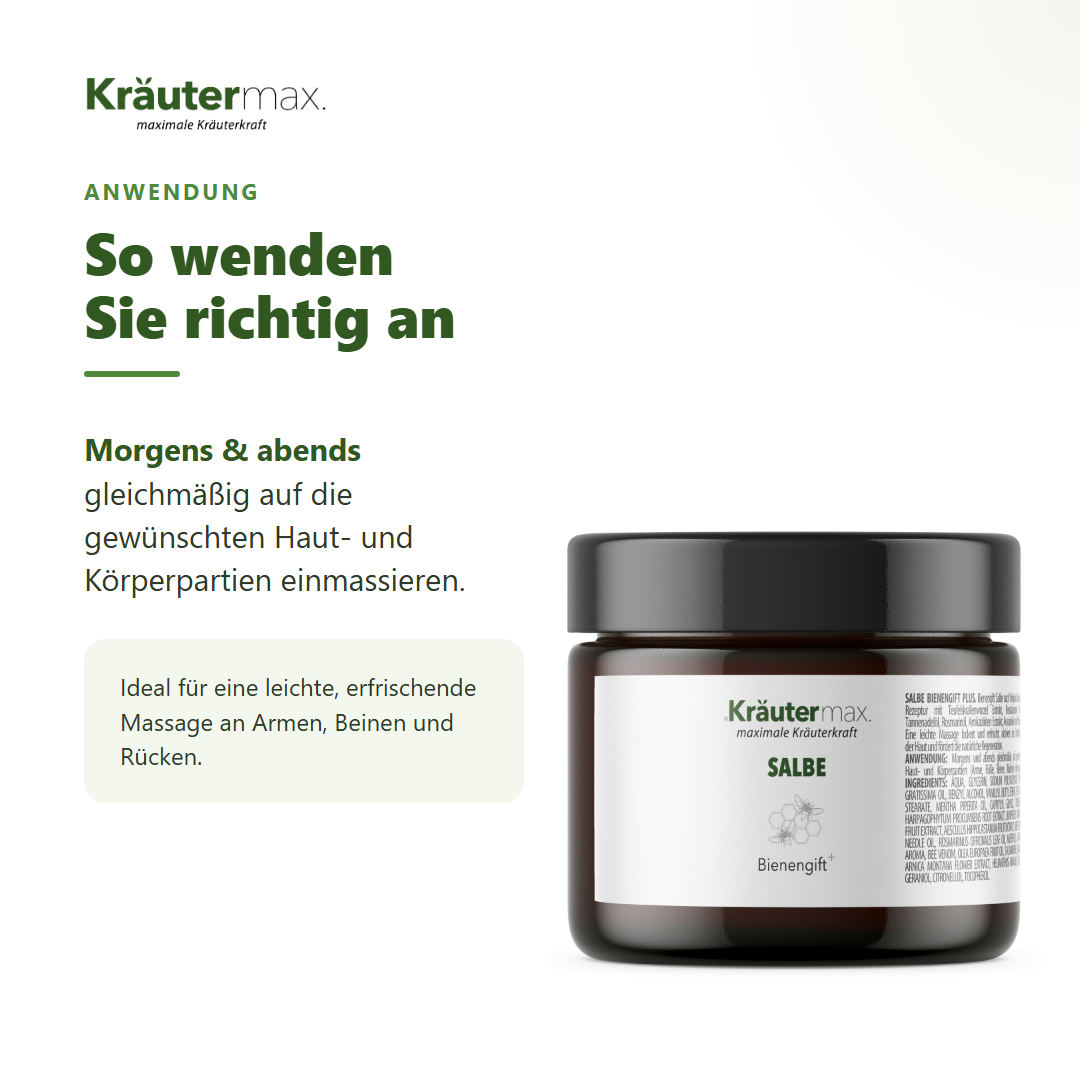 Bienengift Salbe – Anwendung: auf die gewünschten Körperpartien einmassieren