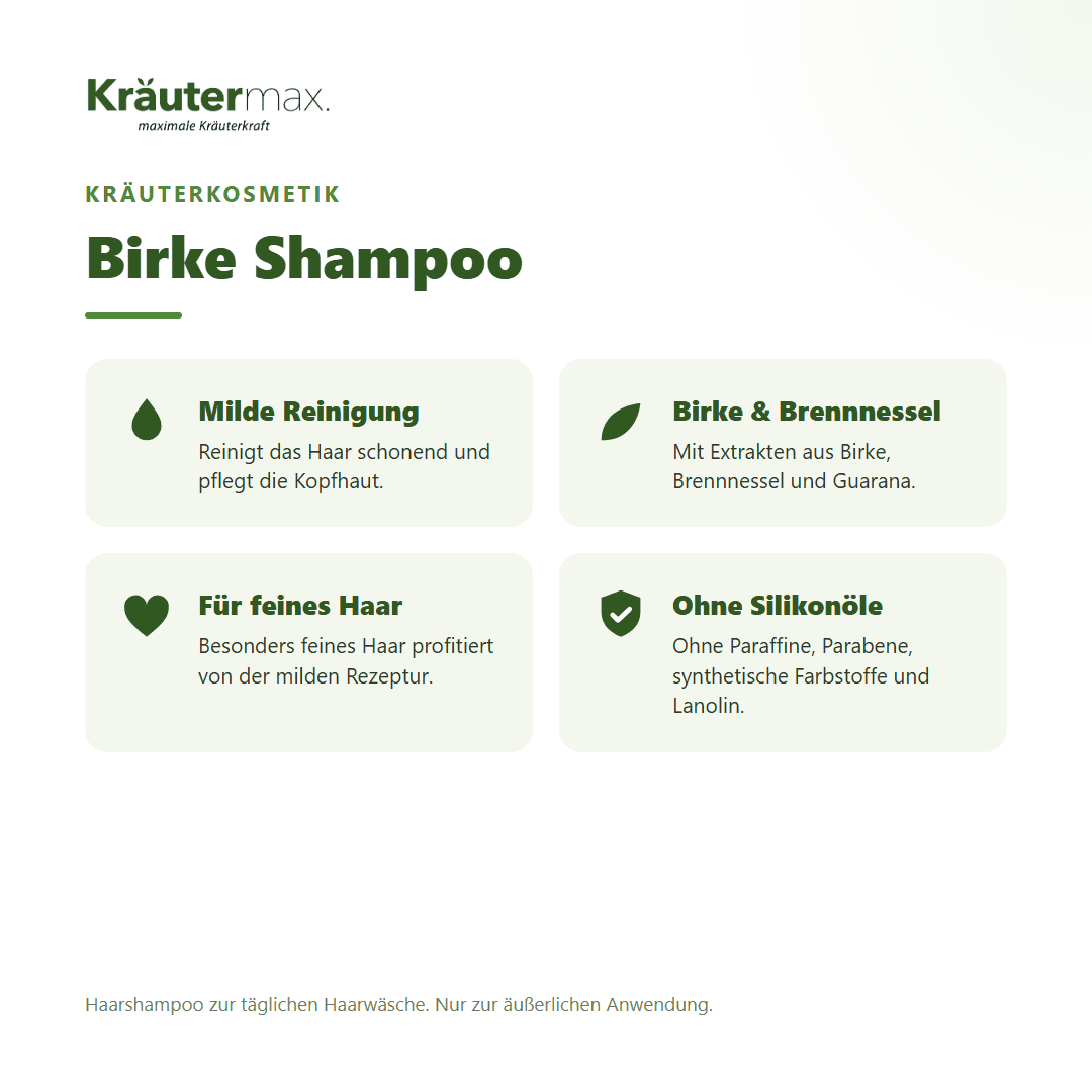 Birke Shampoo von Kräutermax – Überblick: mildes Shampoo mit Birke, Brennnessel und Guarana für feines Haar, 250 ml