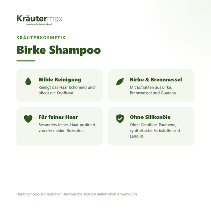 Birke Shampoo von Kräutermax – Überblick: mildes Shampoo mit Birke, Brennnessel und Guarana für feines Haar, 250 ml