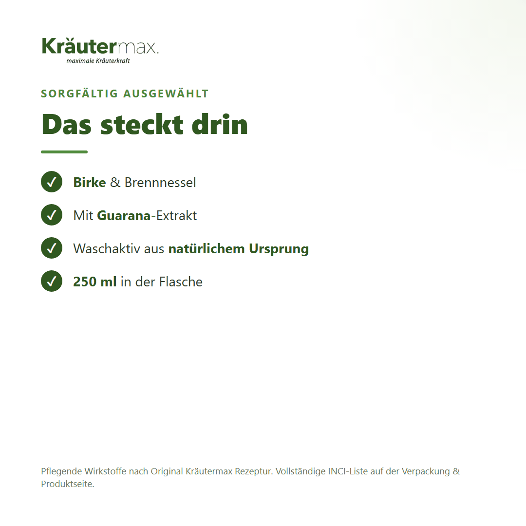 Birke Shampoo – Inhaltsstoffe: Birke, Brennnessel, Guarana, 250 ml Flasche