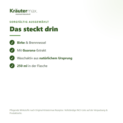 Birke Shampoo – Inhaltsstoffe: Birke, Brennnessel, Guarana, 250 ml Flasche