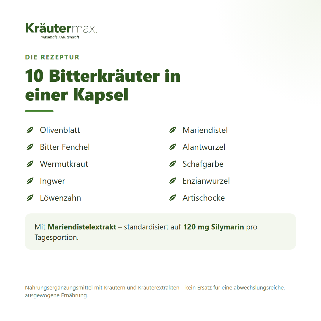 Bitterkräuter Kapseln – Rezeptur mit 10 Bitterkräutern: Olivenblatt, Mariendistel, Enzian, Löwenzahn, Artischocke, Wermut u. a.