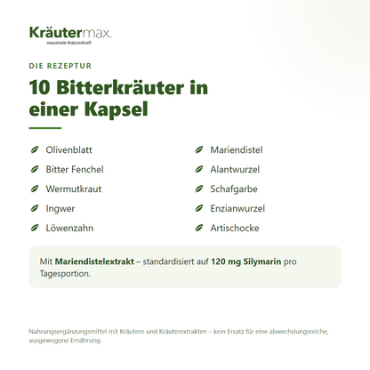 Bitterkräuter Kapseln – Rezeptur mit 10 Bitterkräutern: Olivenblatt, Mariendistel, Enzian, Löwenzahn, Artischocke, Wermut u. a.