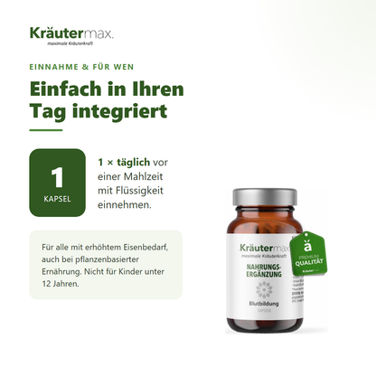 Blutbildung Eisen mit Vitamin C Kapseln – Einnahme: 1 Kapsel täglich vor einer Mahlzeit | Kräutermax
